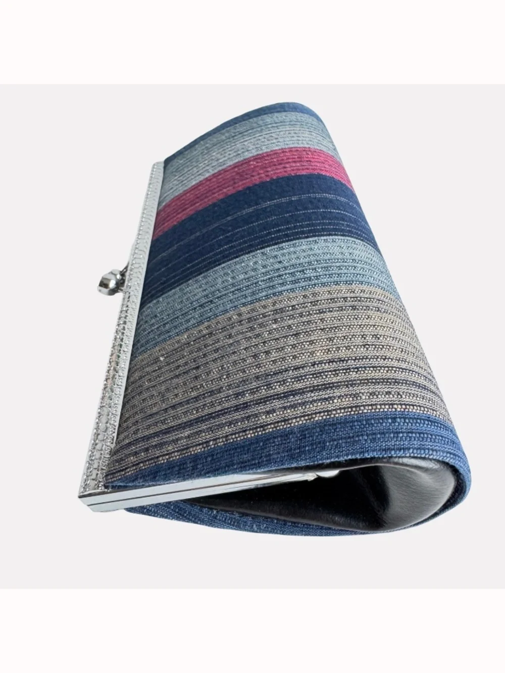 Japanese Striped Cotton Clutch Evening Bag Silver Clasp Formal Purse Handbag New